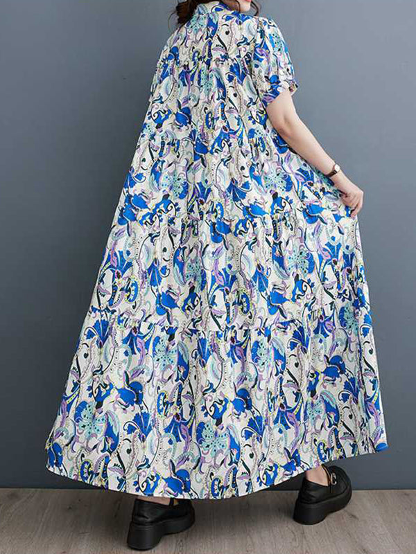 Printed Split-Joint A-Line Loose Stand Collar Midi Dresses