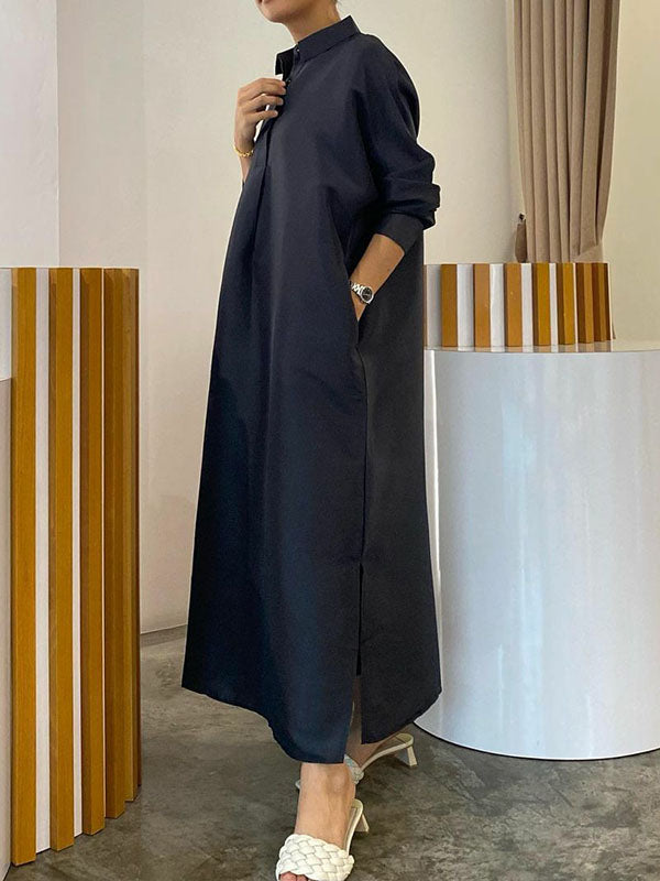 Buttoned Solid Color Split-side Long Sleeves Loose Lapel Shirt Dress Maxi Dresses