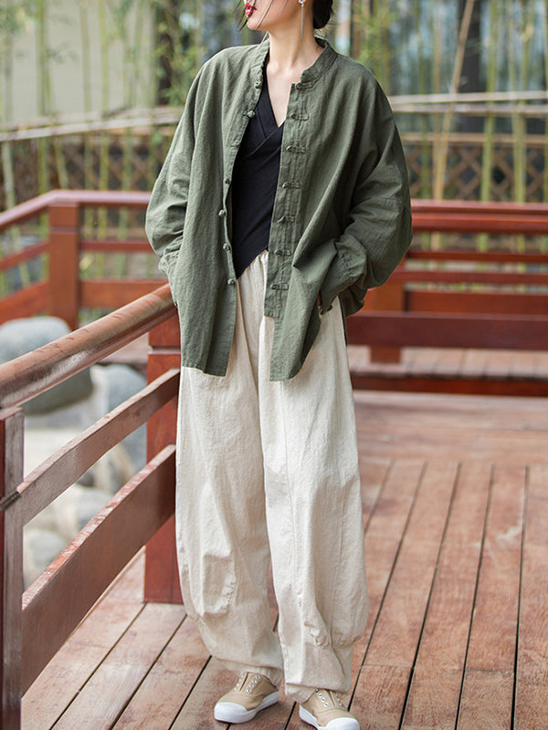 Chinese Frog Buttons Pleated Solid Color Split-Joint Batwing Sleeves Loose Stand Collar Blouses