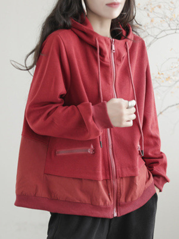 Artistic Retro Loose Long Sleeves Solid Color Zipper Hooded Outerwear
