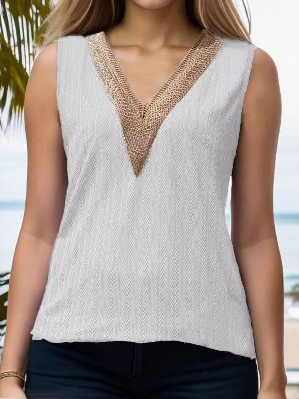 Jacquard Split-Joint Loose Sleeveless V-Neck Vest Top