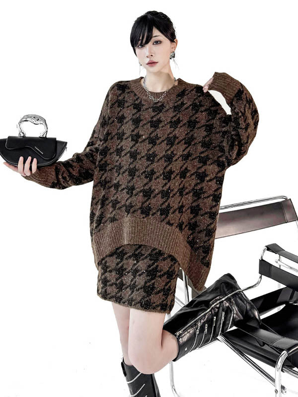 Contrast Color Split-joint Ribs Shiny Swallow Gird/Houndstooth Round-Neck Sweater Tops + A-Line Elasticated Waist Skirts Bottoms  Two Pieces Set