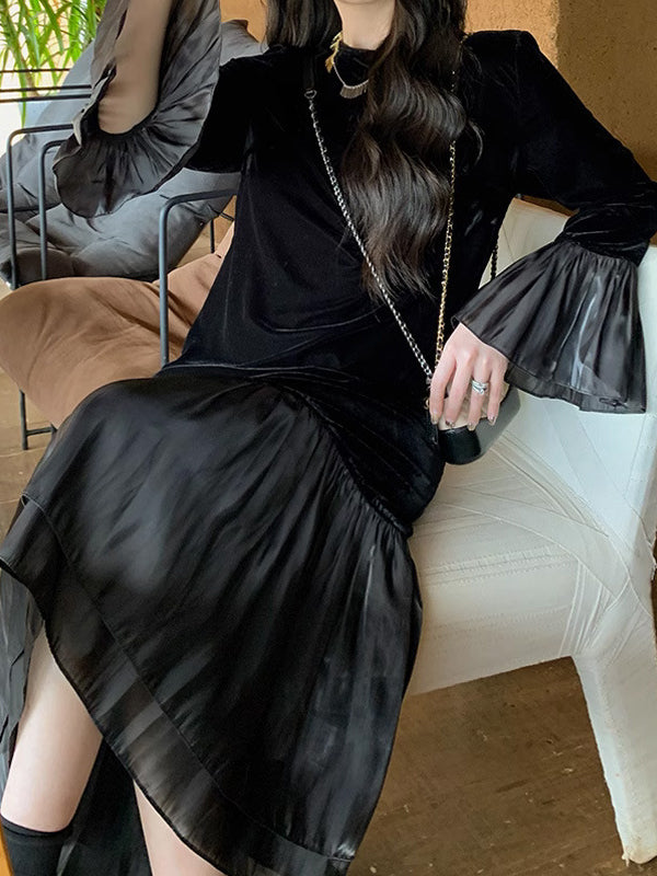 Pleated Split-Joint Flared Sleeves High Waisted Round-Neck Midi Dresses