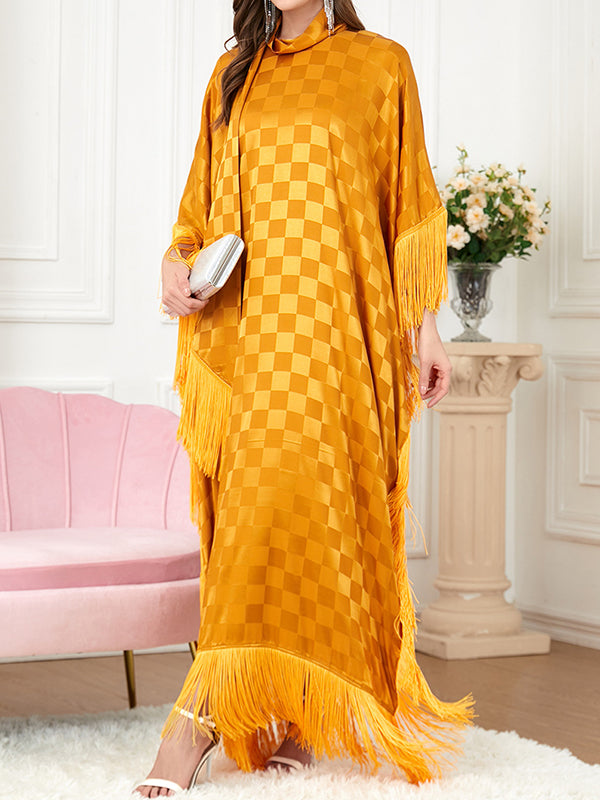 Plaid Ribbon Tasseled A-Line Batwing Sleeves Maxi Dresses