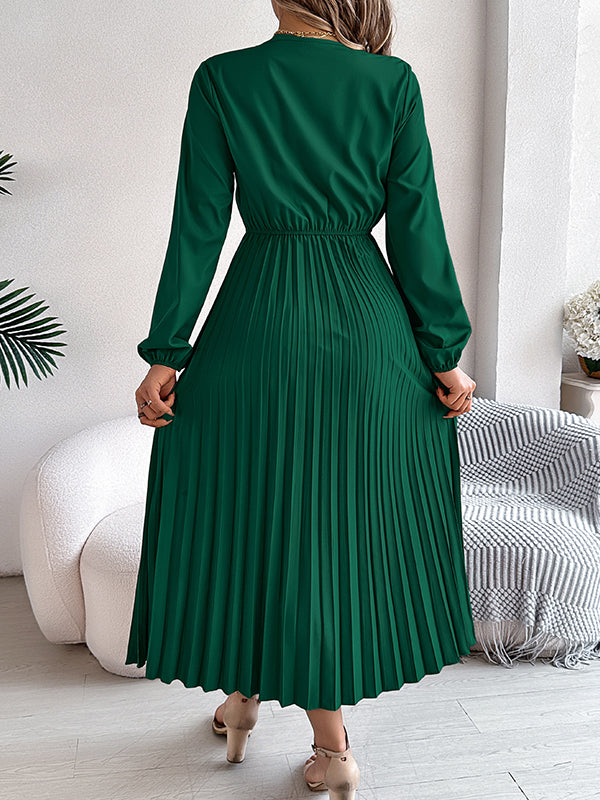 Pleated Solid Color Elasticated Waist High Waisted V-neck Midi Dresses