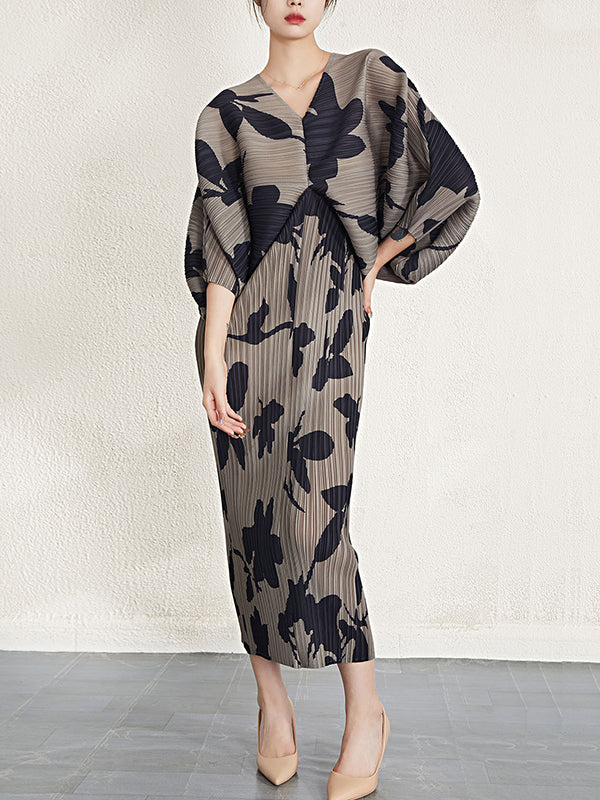 Pleated Printed Batwing Sleeves Loose V-Neck Midi Dresses
