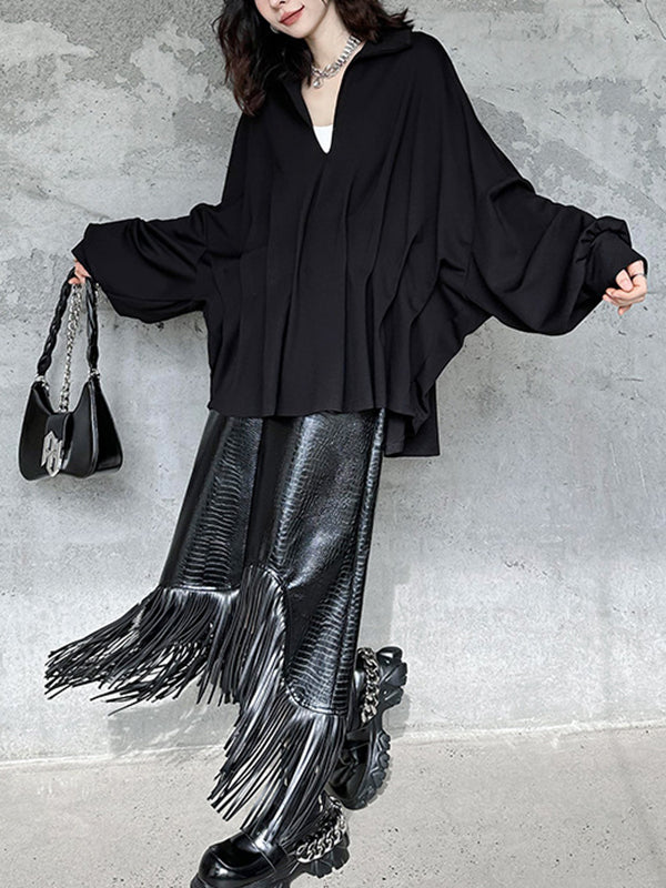 Pleated Solid Color Batwing Sleeves Long Sleeves Deep V-Neck Blouses&Shirts Tops