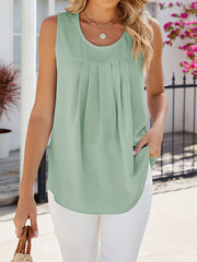 Pleated Solid Color Split-Joint Loose Sleeveless Round-Neck Vest Top