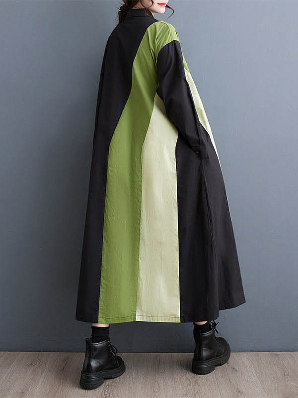 Asymmetric Buttoned Contrast Color Long Sleeves Loose Lapel Midi Dresses