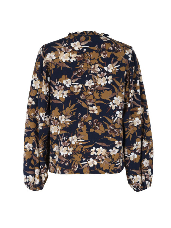 Flower Print Long Sleeves Loose V-Neck Blouses&Shirts Tops
