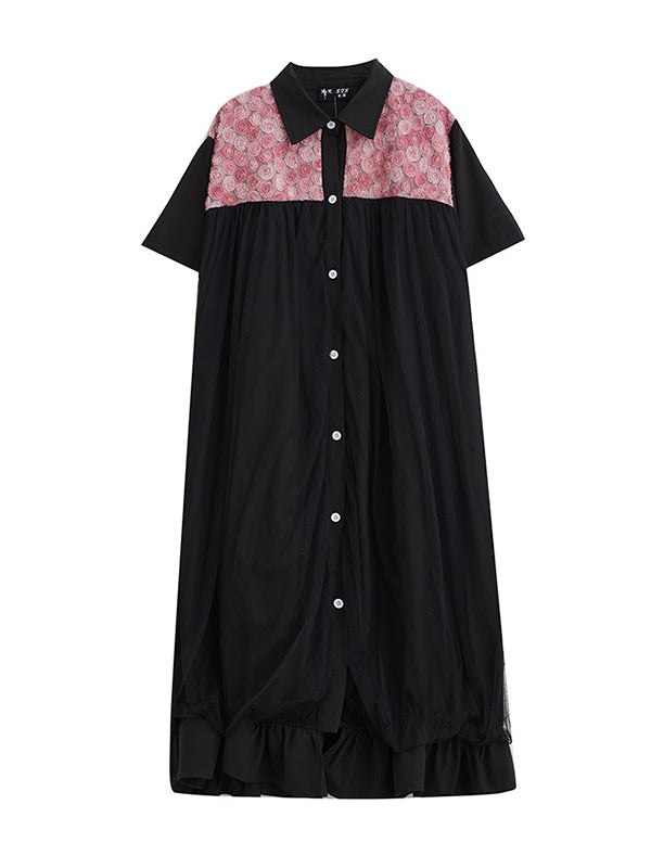 Falbala Printed Split-Joint Loose Short Sleeves Lapel Midi Dresses