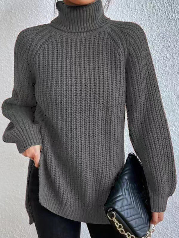 Solid Color Split-side Long Sleeves Loose High Neck Sweater Tops Pullovers