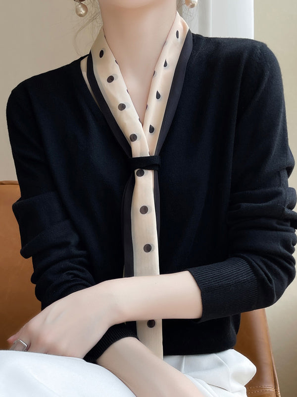 Polka-Dot Ribbon Long Sleeves Loose V-Neck Sweater Tops Pullovers
