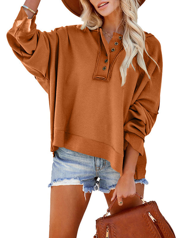 Buttoned Split-Joint Velvet Hooded Long Sleeves Sweatshirt Tops