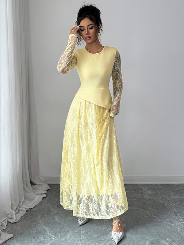 Asymmetric Flower Print Layered See-Through Solid Color Split-Joint A-Line Irregularity Round-Neck Maxi Dresses