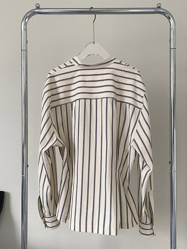 Original Creation Loose Long Sleeves Striped V-Neck Blouses&Shirts Tops