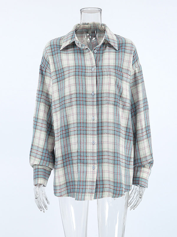 Buttoned Plaid Pockets Long Sleeves Loose Lapel Outerwear Blouses&Shirts Tops