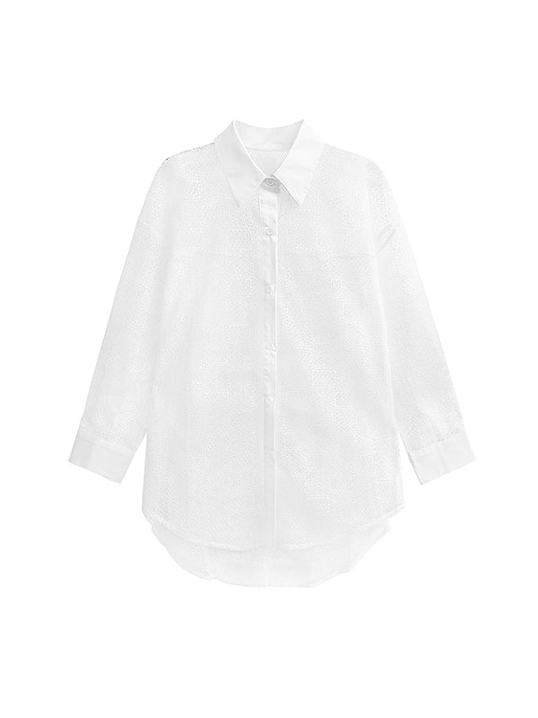 Lacy See-Through Solid Color Long Sleeves Loose Lapel Blouses&shirts Tops