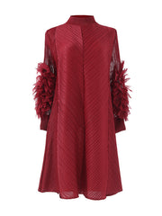 Embroidered Pleated Solid Color Long Sleeves Loose Round-neck Midi Dresses