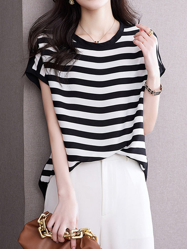 Contrast Color Striped Loose Plus Size Round-Neck T-Shirts