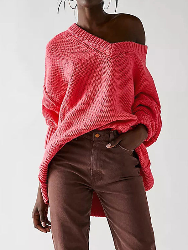 Solid Color Velvet Long Sleeves Loose V-Neck Sweater Tops Pullovers