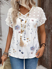 Flower Print Jacquard Split-Joint Loose Short Sleeves V-Neck T-Shirts Tops