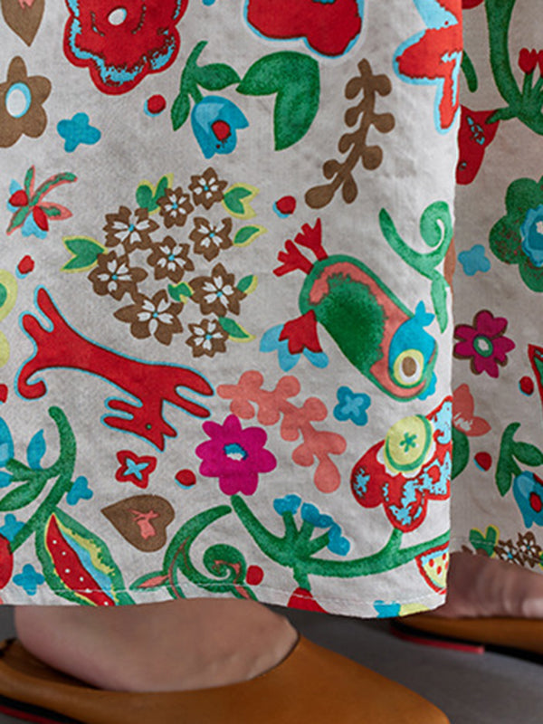 Pleated Printed Split-Joint Loose Short Sleeves Round-Neck Midi Dresses