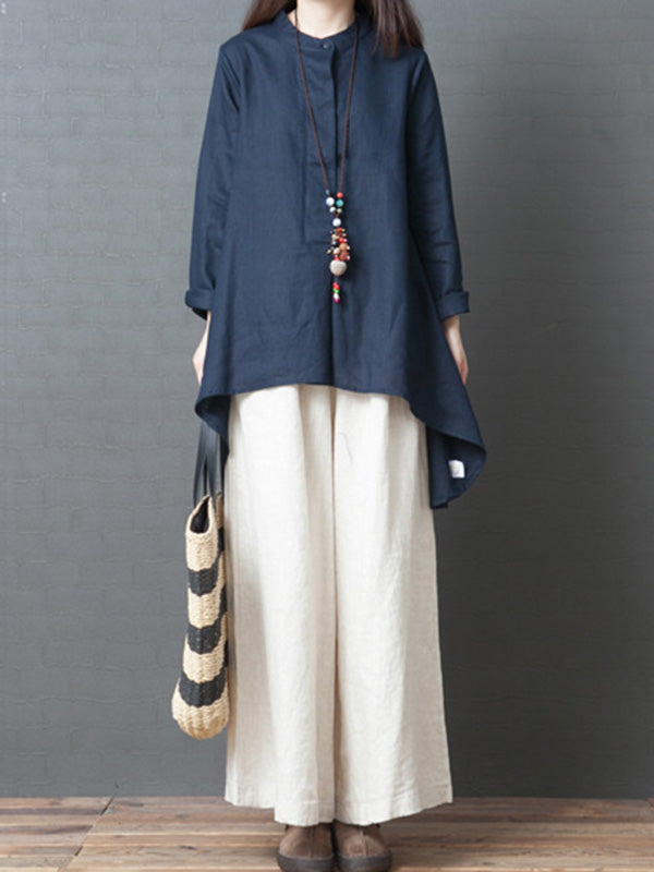 Linen Solid Color Round-Neck Puff Sleeve Blouse Tops