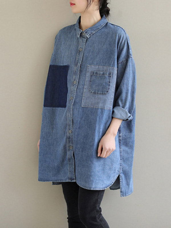 Asymmetric Buttoned Pockets Split-Joint High-Low Long Sleeves Lapel Blouses&Shirts Tops