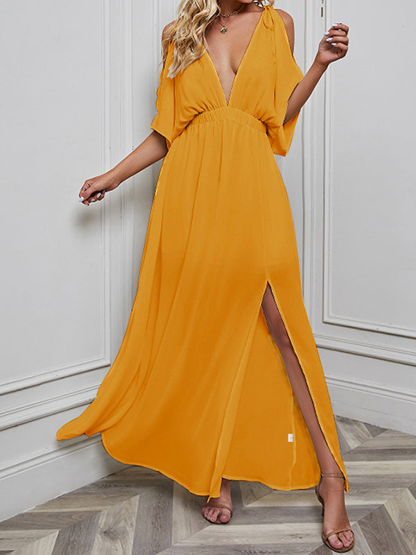 Solid Color Split-front Batwing Sleeves Loose Deep V-Neck Maxi Dresses