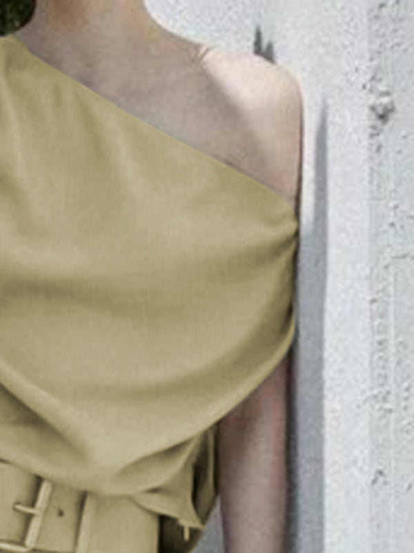 Solid Color Loose Short Sleeves One-Shoulder T-Shirts Tops