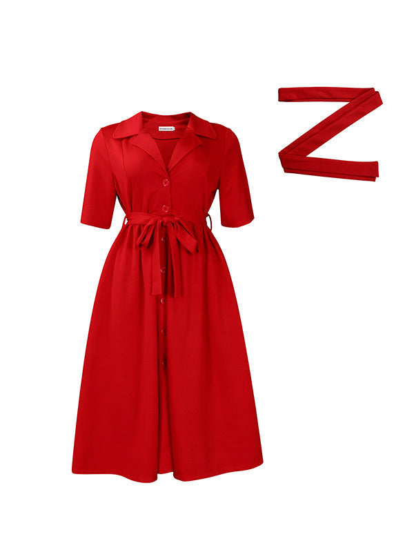Pleated Pockets Solid Color Tied Waist A-Line Loose Notched Collar Midi Dresses