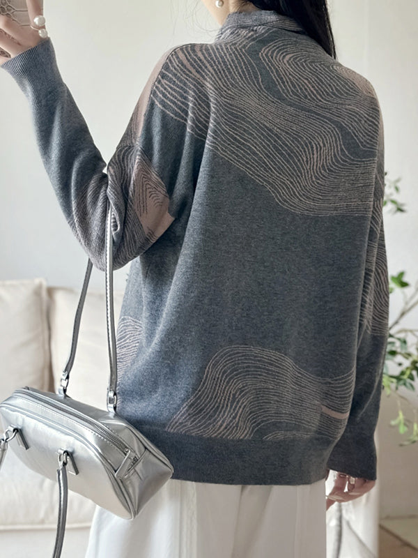 Contrast Color Long Sleeves Loose High Neck Sweater Tops Pullovers