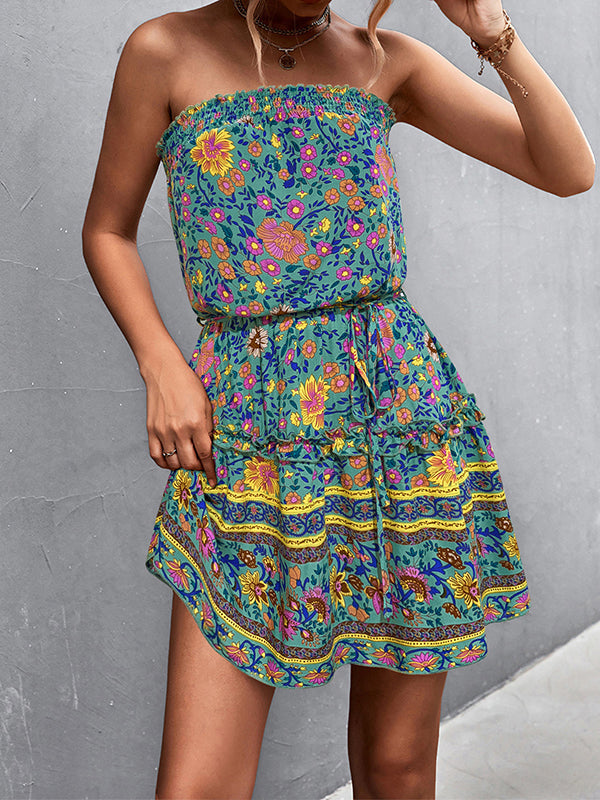 Elasticity Flower Print Ruffle Trim Tied Waist A-Line High Waisted Tube Mini Dresses