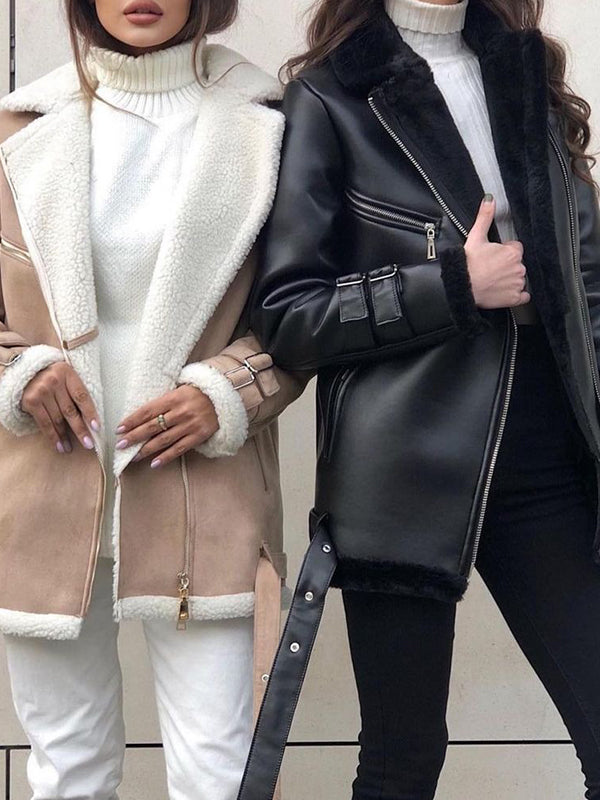 Buckle Keep Warm Pockets Split-Joint Velvet Zipper Long Sleeves Loose Notched Collar Outerwear