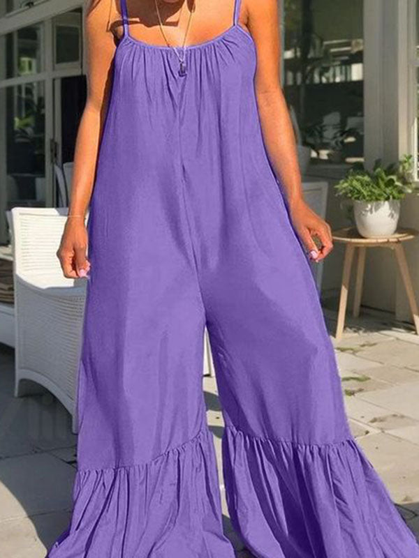 Pleated Pockets Solid Color Split-Joint Loose Sleeveless Spaghetti-Neck Jumpsuits