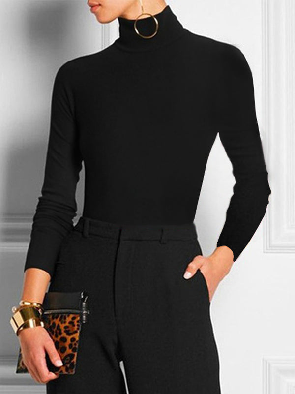 Long Sleeves Skinny Solid Color High Neck T-shirts