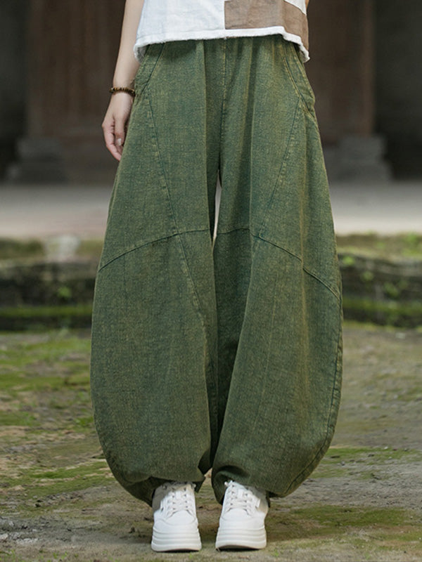 Elasticity Pockets Solid Color Split-Joint Loose Pants Cropped Trousers