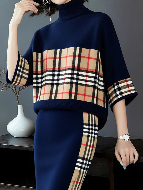 Plaid Loose Three-quarter Sleeves Sweater Tops Pullovers