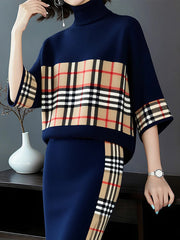 Plaid Loose Three-quarter Sleeves Sweater Tops Pullovers