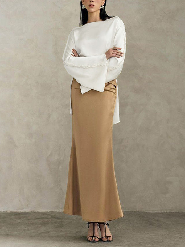 Solid Color Split-Joint Tied Flared Sleeves Long Sleeves Round-neck T-Shirts Tops