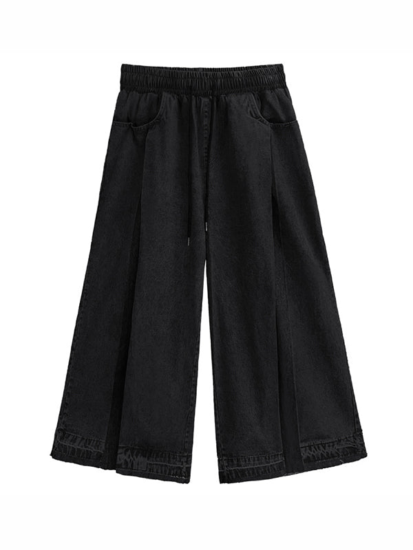 Contrast Color Drawstring Fringed Pockets Loose Wide Leg Jean Pants Bottoms