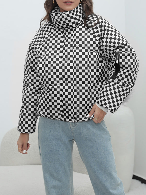 Keep Warm Plaid Quilted Zipper Long Sleeves Loose Stand Collar Padded Coat