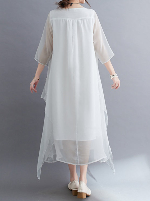 Gauze Split-Joint Loose Three-Quarter Sleeves Round-Neck Midi Dresses