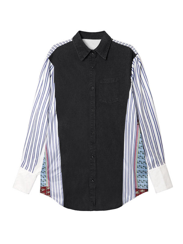 Buttoned Contrast Color Pockets Split-Joint Striped Long Sleeves Loose Lapel Blouses&Shirts Tops