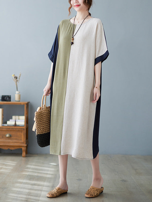 Contrast Color Half Sleeves Loose Round-neck Midi Dresses