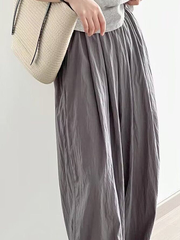 Elasticity Pleated Pockets Solid Color High Waisted Loose Trousers Pants
