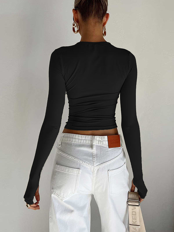 Hollow Solid Color Long Sleeves Skinny Round-Neck T-Shirts Tops