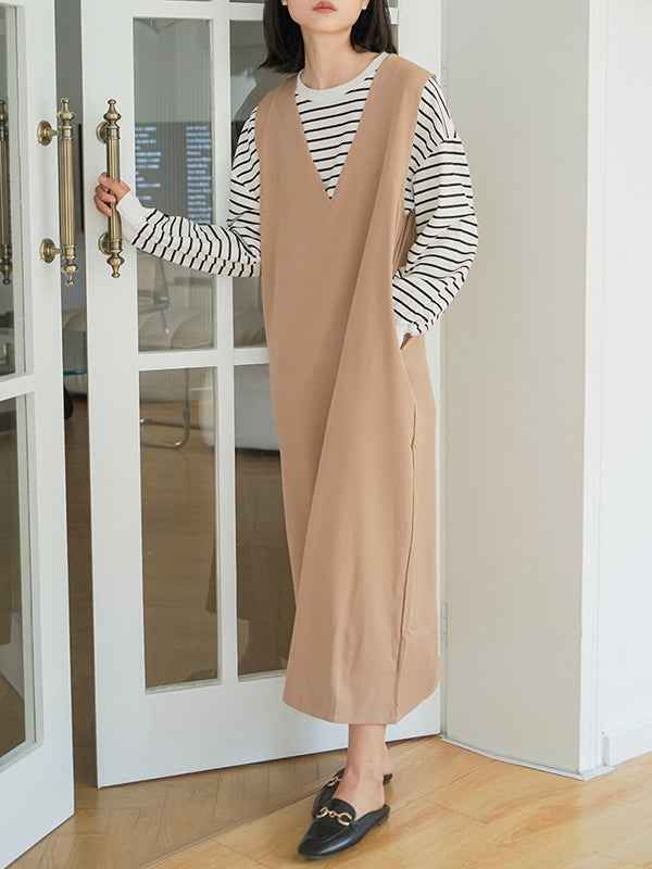 Casual A-Line Sleeveless Solid Color V-Neck Midi Dresses