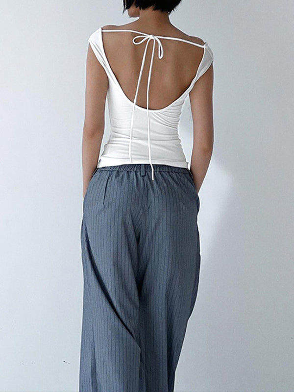 Backless Solid Color Split-Joint Tied Skinny Sleeveless Off-The-Shoulder T-Shirts Tops